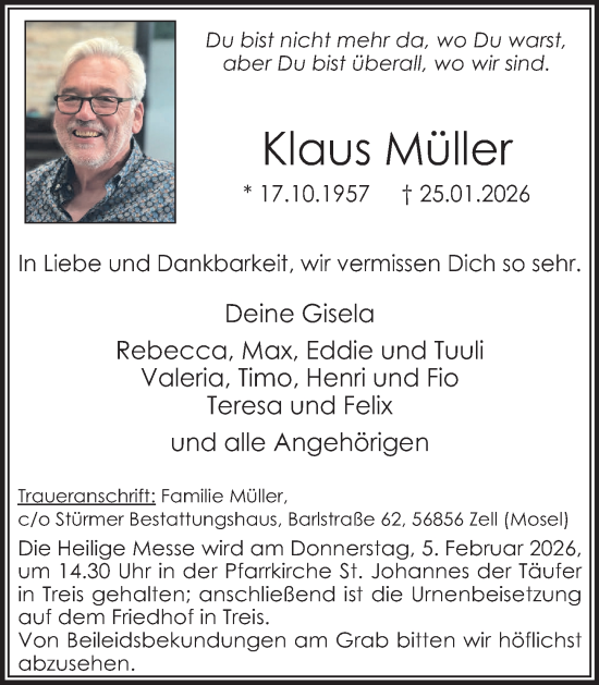 Traueranzeige von Klaus Müller von Rhein-Zeitung