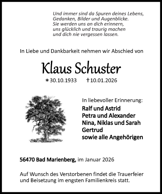 Traueranzeige von Klaus Schuster von Westerwälder Zeitung