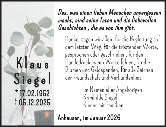 Traueranzeige von Klaus Siegel von Rhein-Zeitung