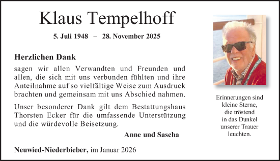 Traueranzeige von Klaus Tempelhoff von Rhein-Zeitung