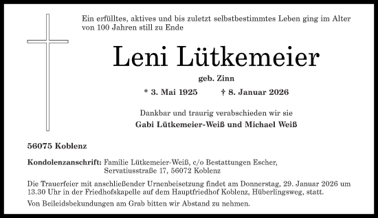 Traueranzeige von Leni Lütkemeier von Rhein-Zeitung