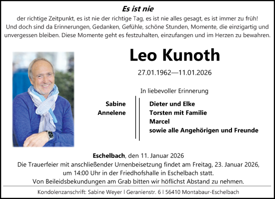 Traueranzeige von Leo Kunoth von Westerwälder Zeitung