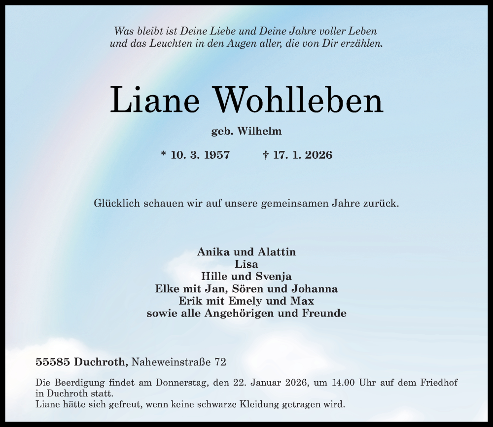  Traueranzeige für Liane Wohlleben vom 21.01.2026 aus Oeffentlicher Anzeiger