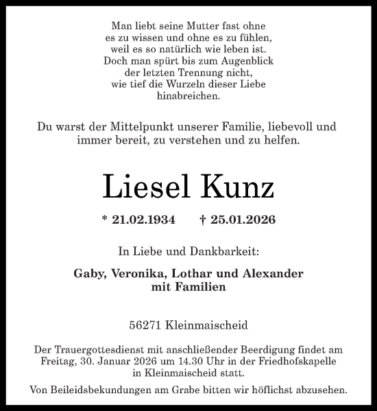Traueranzeige von Liesel Kunz von Rhein-Zeitung