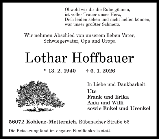 Traueranzeige von Lothar Hoffbauer von Rhein-Zeitung