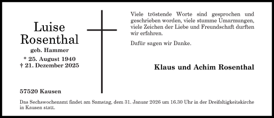 Traueranzeige von Luise Rosenthal von Rhein-Zeitung