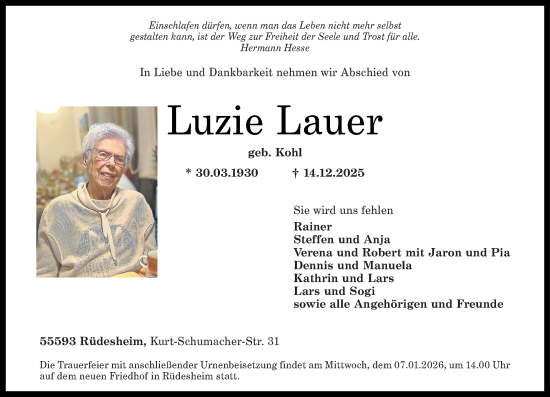 Traueranzeige von Luzie Lauer von Oeffentlicher Anzeiger