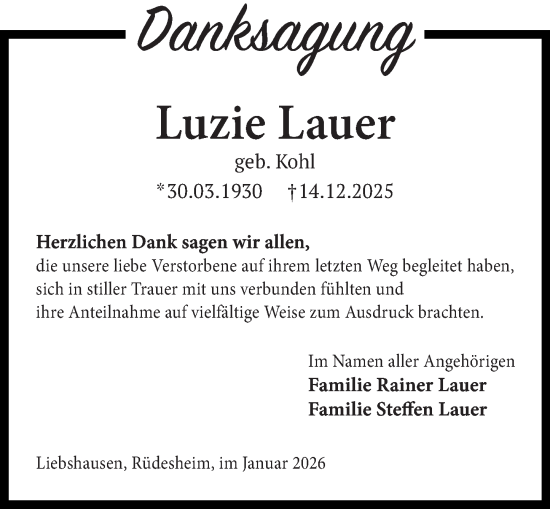 Traueranzeige von Luzie Lauer von Oeffentlicher Anzeiger