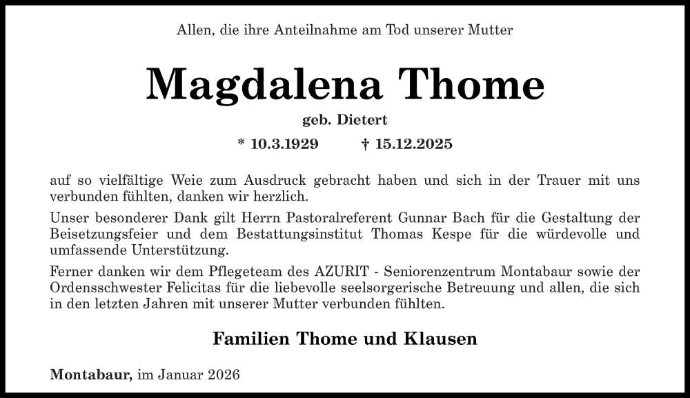  Traueranzeige für Magdalena Thome vom 24.01.2026 aus Westerwälder Zeitung