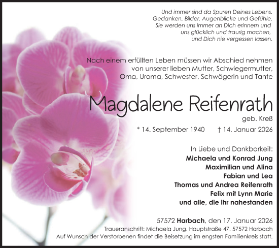 Traueranzeige von Magdalene Reifenrath von Rhein-Zeitung