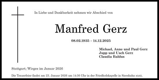 Traueranzeige von Manfred Gerz von Westerwälder Zeitung