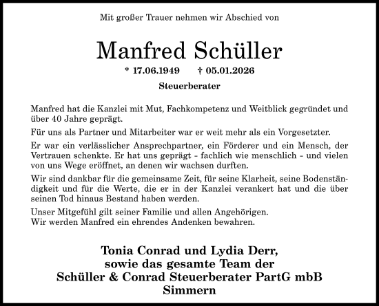 Traueranzeige von Manfred Schüller von Rhein-Hunsrück-Zeitung