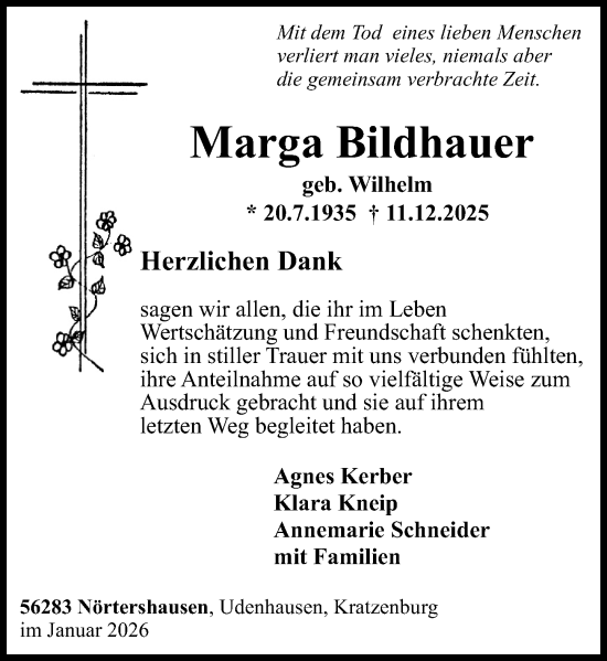 Traueranzeige von Marga Bildhauer von Rhein-Zeitung