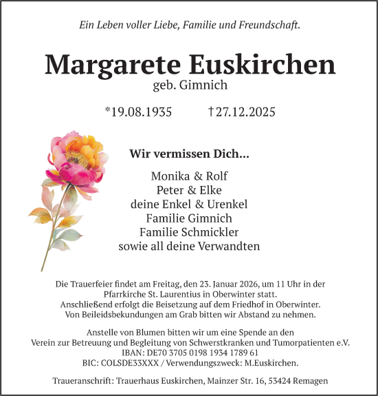 Traueranzeige von Margarete Euskirchen von Rhein-Zeitung