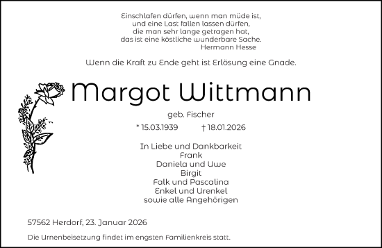 Traueranzeige von Margot Wittmann von Rhein-Zeitung