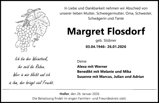 Traueranzeige von Margret Flosdorf von Westerwälder Zeitung