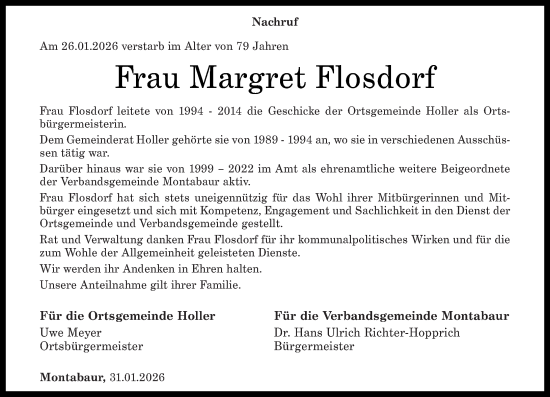Traueranzeige von Margret Flosdorf von Westerwälder Zeitung