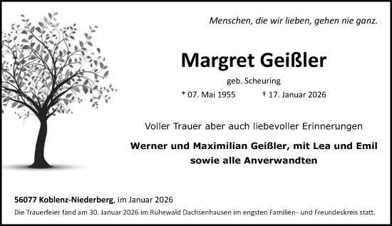 Traueranzeige von Margret Geißler von Rhein-Zeitung
