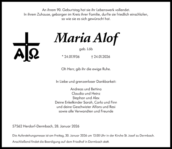 Traueranzeige von Maria Alof von Rhein-Zeitung