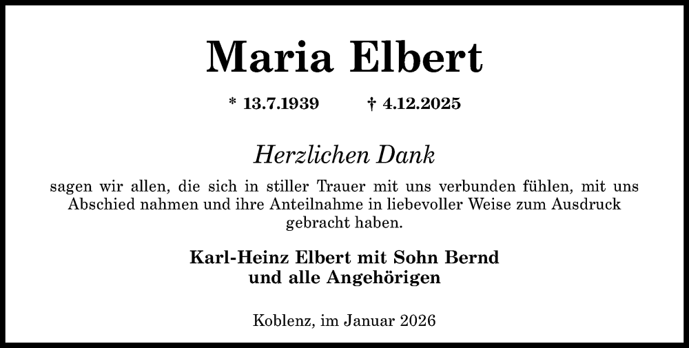  Traueranzeige für Maria Elbert vom 03.01.2026 aus Rhein-Zeitung