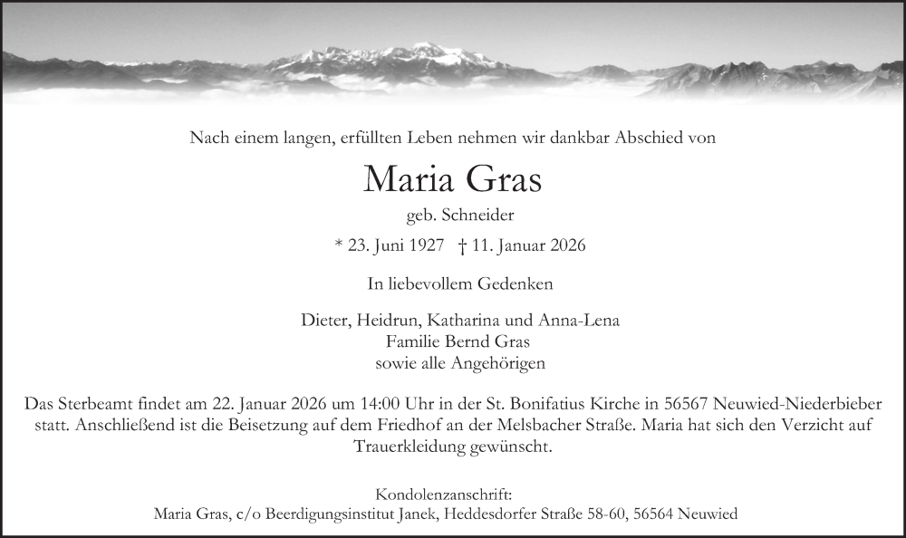 Traueranzeige für Maria Gras vom 17.01.2026 aus Rhein-Zeitung