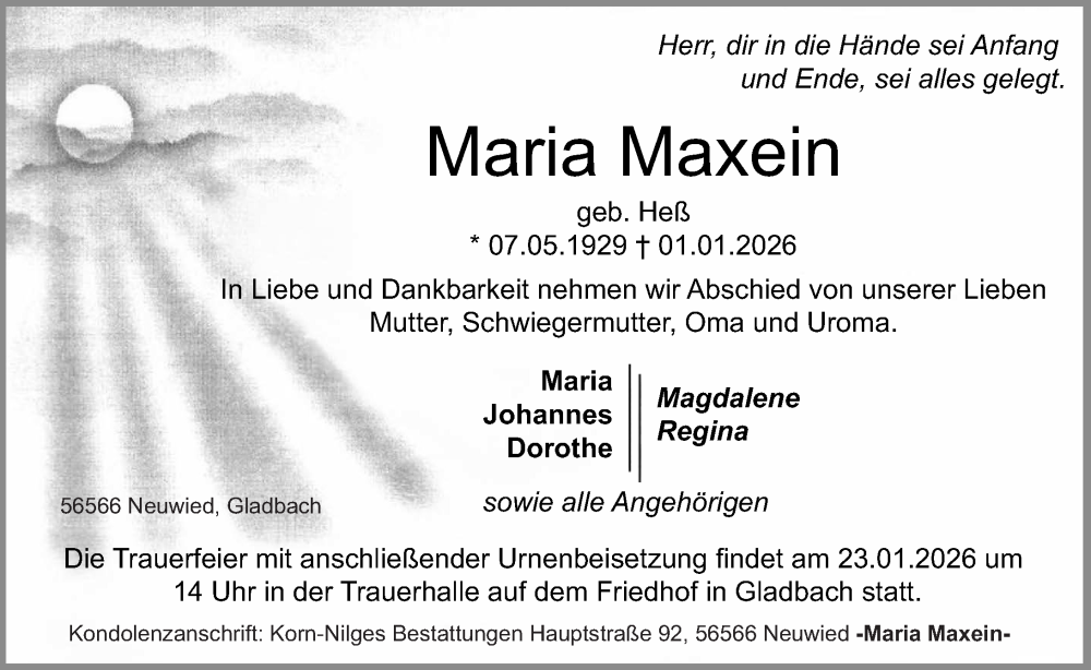  Traueranzeige für Maria Maxein vom 17.01.2026 aus Rhein-Zeitung