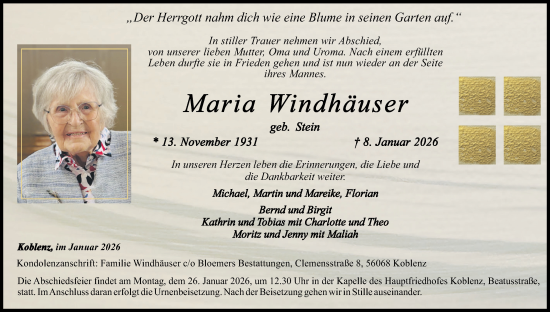 Traueranzeige von Maria Windhäuser von Rhein-Zeitung