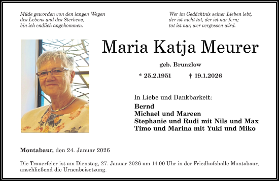 Traueranzeige von Maria Katja Meurer von Westerwälder Zeitung