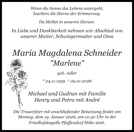Traueranzeige von Maria Magdalena Schneider von Rhein-Zeitung