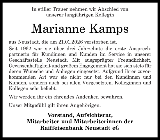 Traueranzeige von Marianne Kamps von Rhein-Zeitung