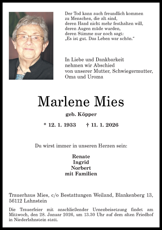 Traueranzeige von Marlene Mies von Rhein-Zeitung