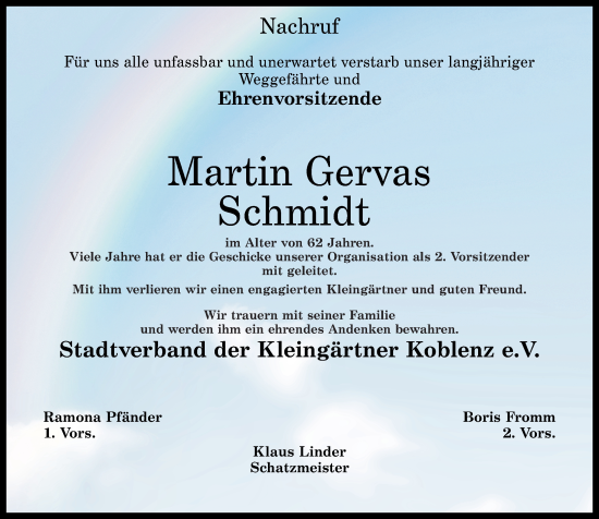 Traueranzeige von Martin Gervas Schmidt von Rhein-Zeitung
