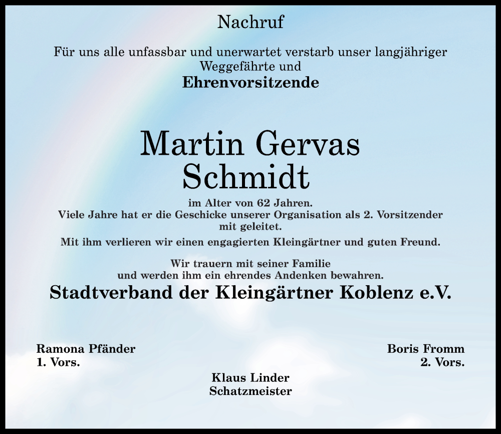  Traueranzeige für Martin Gervas Schmidt vom 13.01.2026 aus Rhein-Zeitung