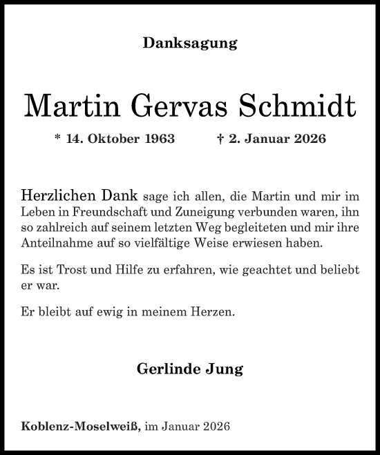 Traueranzeige von Martin Gervas Schmidt von Rhein-Zeitung