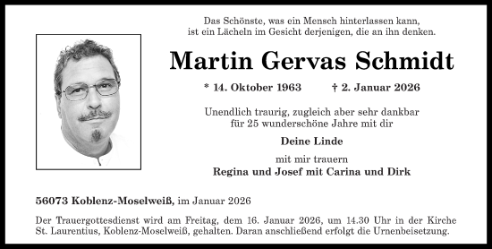 Traueranzeige von Martin Gervas Schmidt von Rhein-Zeitung