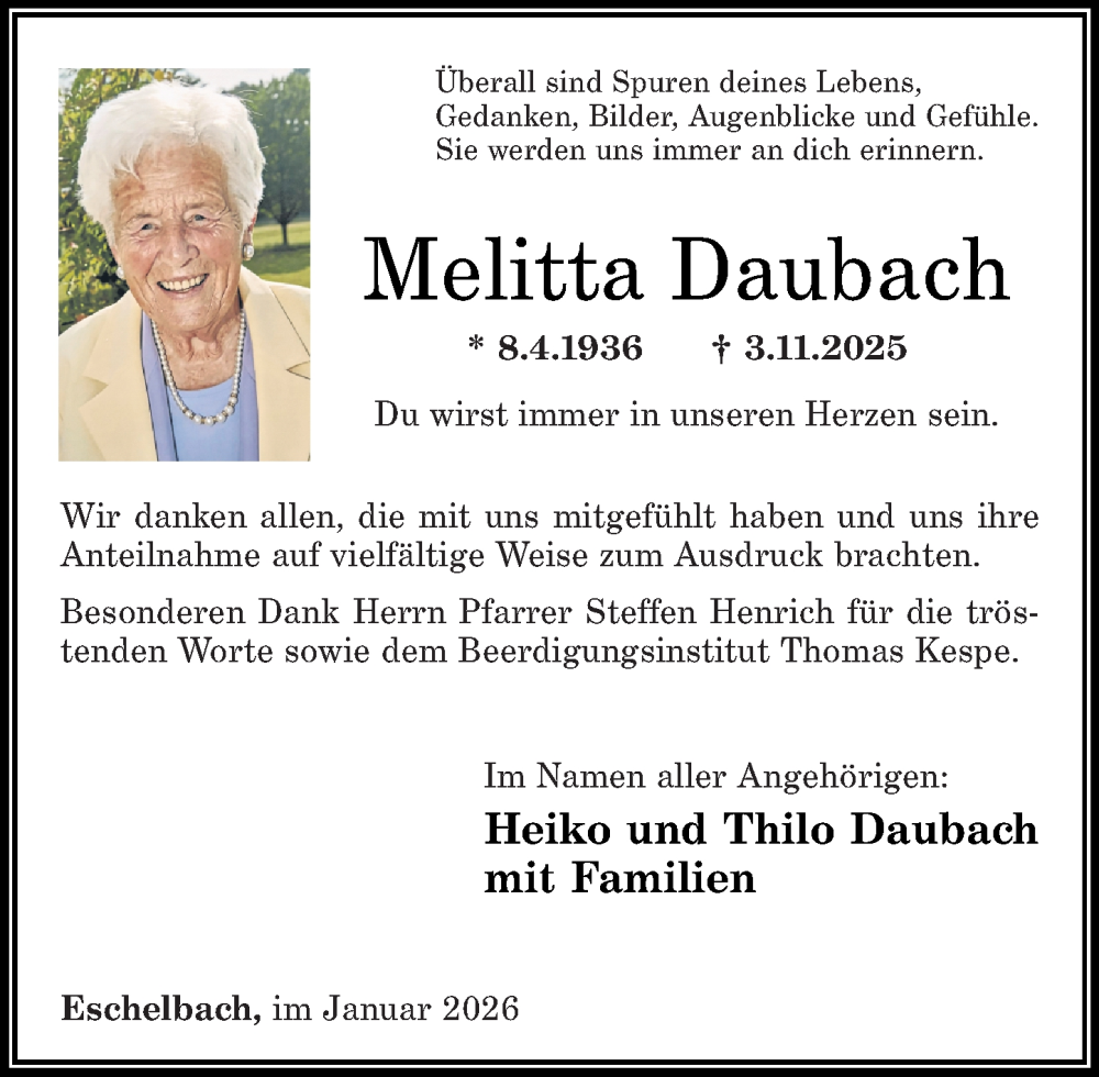  Traueranzeige für Melitta Daubach vom 24.01.2026 aus Westerwälder Zeitung