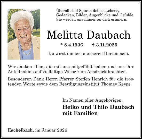 Traueranzeige von Melitta Daubach von Westerwälder Zeitung