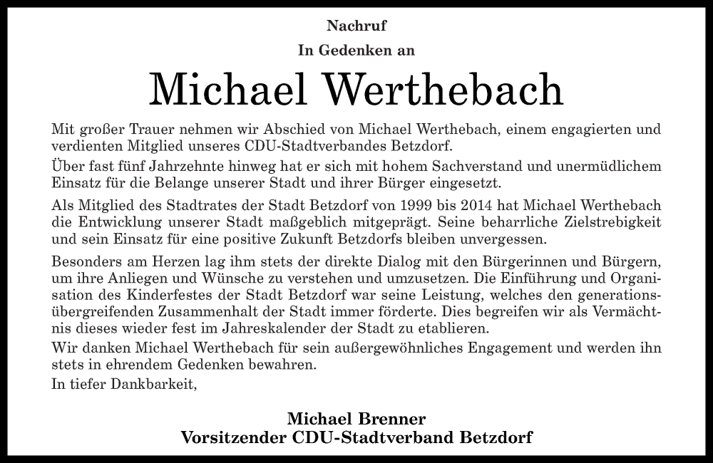  Traueranzeige für Michael Werthebach vom 29.01.2026 aus Rhein-Zeitung