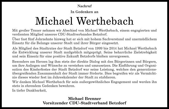 Traueranzeige von Michael Werthebach von Rhein-Zeitung