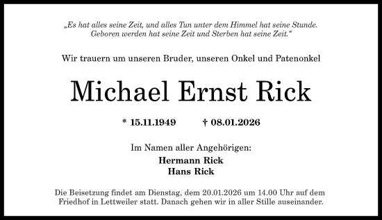 Traueranzeige von Michael Ernst Rick von Oeffentlicher Anzeiger