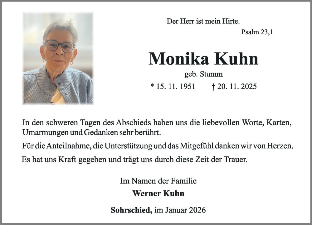  Traueranzeige für Monika Kuhn vom 31.01.2026 aus Rhein-Hunsrück-Zeitung