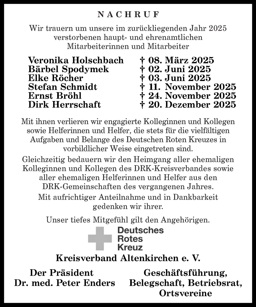  Traueranzeige für Nachruf Deutsches Rotes Kreuz Kreisverband Altenkirchen e. V. vom 31.01.2026 aus Rhein-Zeitung