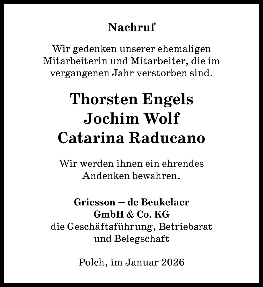  Traueranzeige für Nachruf Griesson – de Beukelaer GmbH  Co. KG vom 17.01.2026 aus Rhein-Zeitung