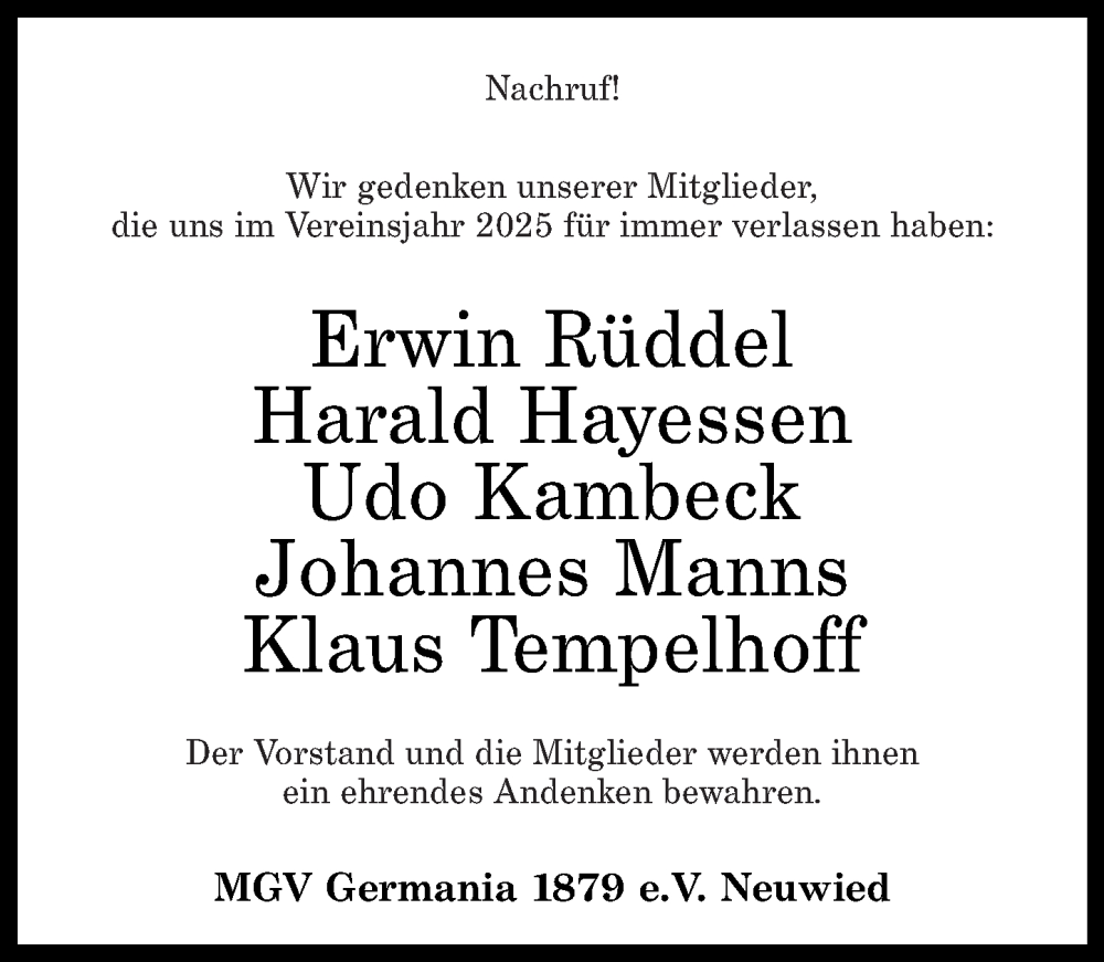  Traueranzeige für Nachruf MGV Germania 1879 e.V. Neuwied vom 17.01.2026 aus Rhein-Zeitung