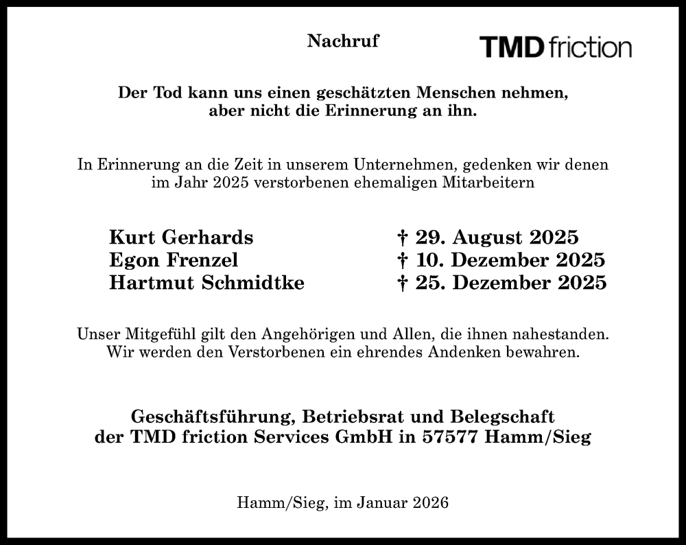  Traueranzeige für Nachruf TMD friction Services GmbH vom 17.01.2026 aus Rhein-Zeitung
