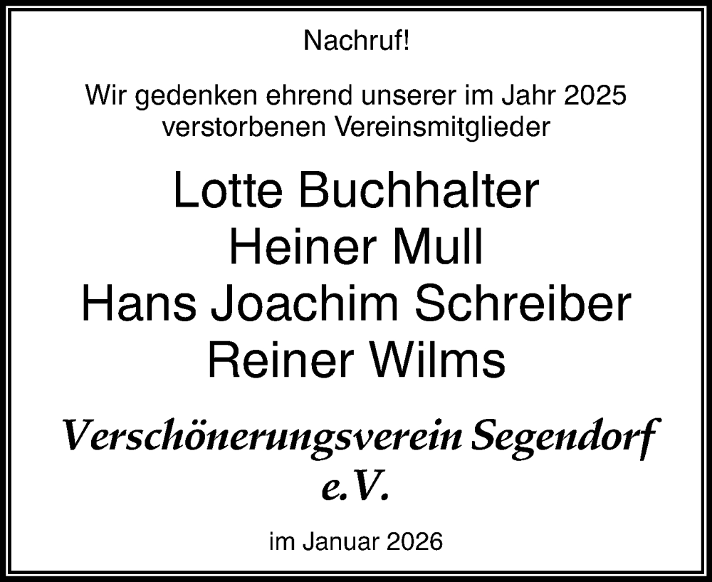  Traueranzeige für Nachruf Verschönerungsverein Segendorf e.V. vom 17.01.2026 aus Rhein-Zeitung