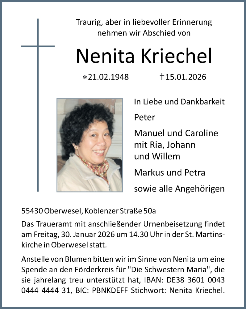  Traueranzeige für Nenita Kriechel vom 24.01.2026 aus Rhein-Hunsrück-Zeitung