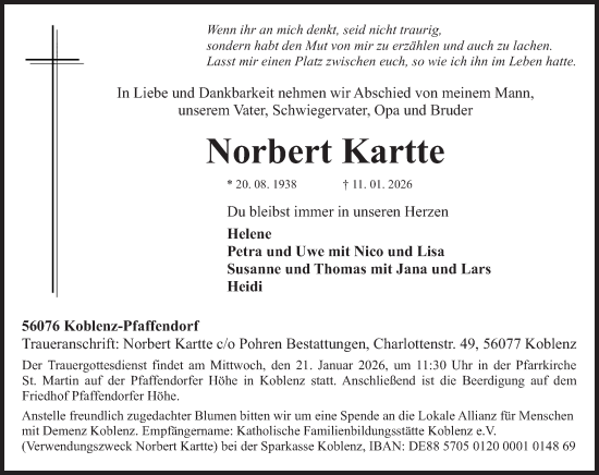 Traueranzeige von Norbert Kartte von Rhein-Zeitung