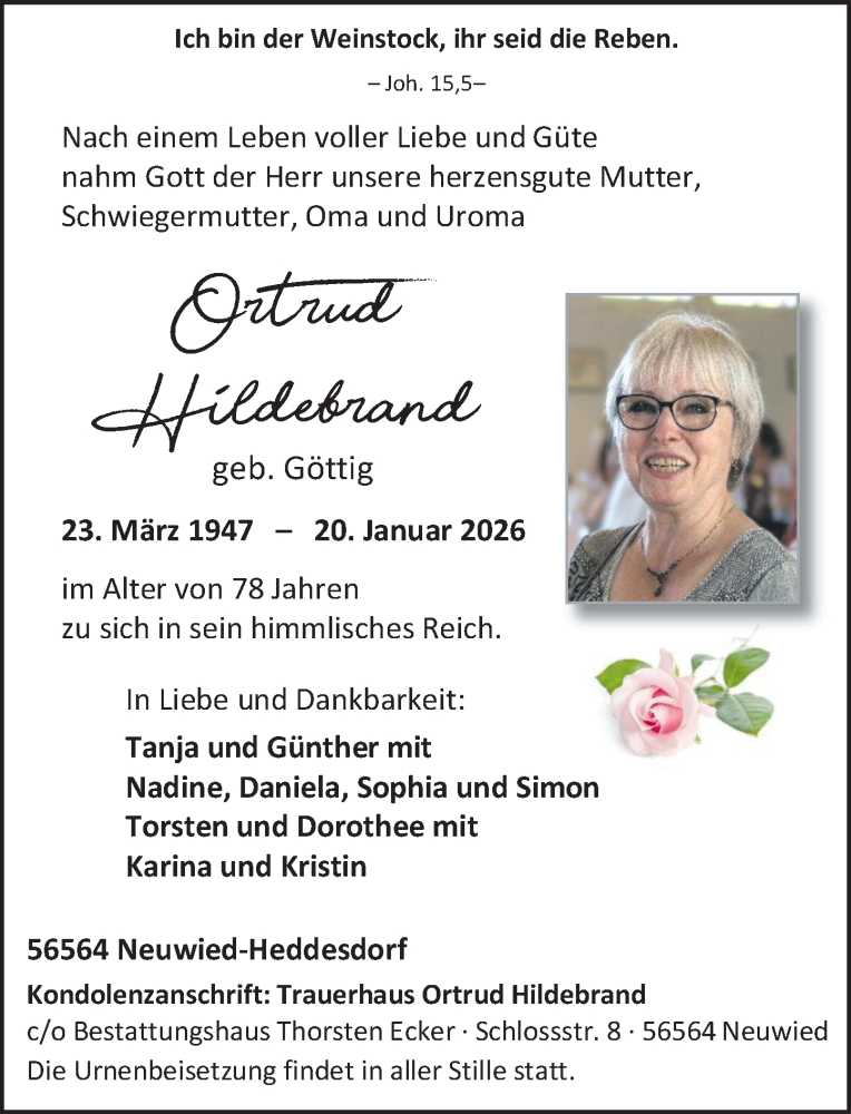  Traueranzeige für Ortrud Hildebrand vom 24.01.2026 aus Rhein-Zeitung