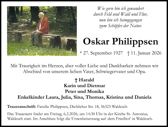 Traueranzeige von Oskar Philippsen von Rhein-Zeitung